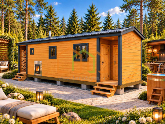 Перевозная каркасная баня с дровником и печкой снаружи 8х2,3