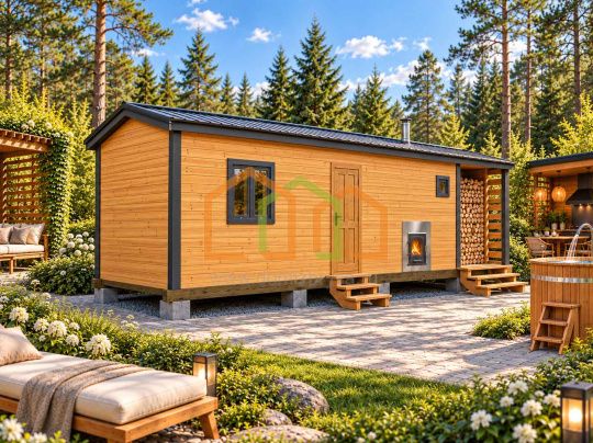 Перевозная каркасная баня с дровником и печкой снаружи 8х2,3